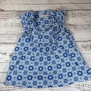 LOFT Flutter-sleeved Blouse in Blue Medallion, Cotton Voile, Size Medium